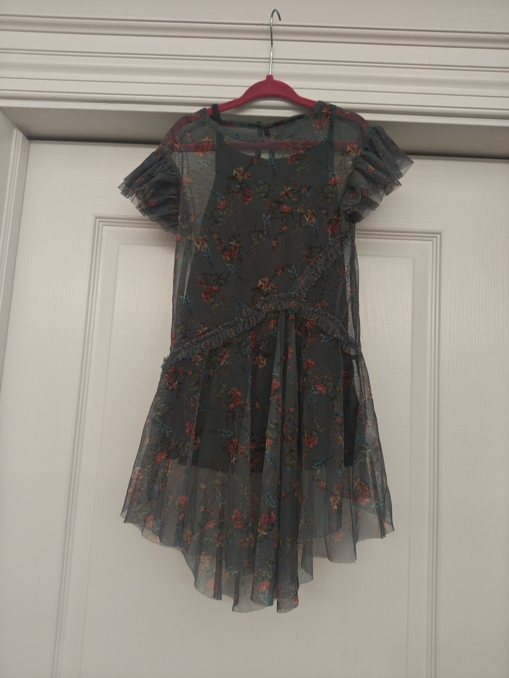 next UK Teal Floral Ruffle Sleeve Dress